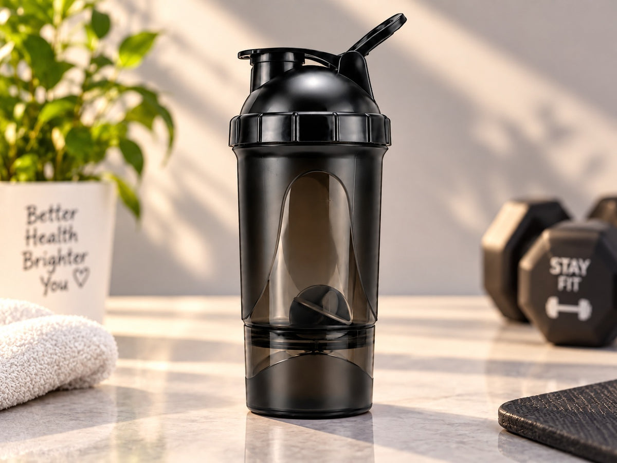 FUSION 2 600ML Matte Black Protein Shaker Bottle with Storage