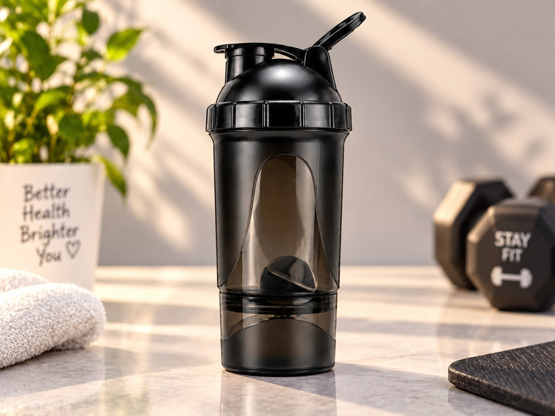 FUSION 2 600ML Matte Black Protein Shaker Bottle with Storage