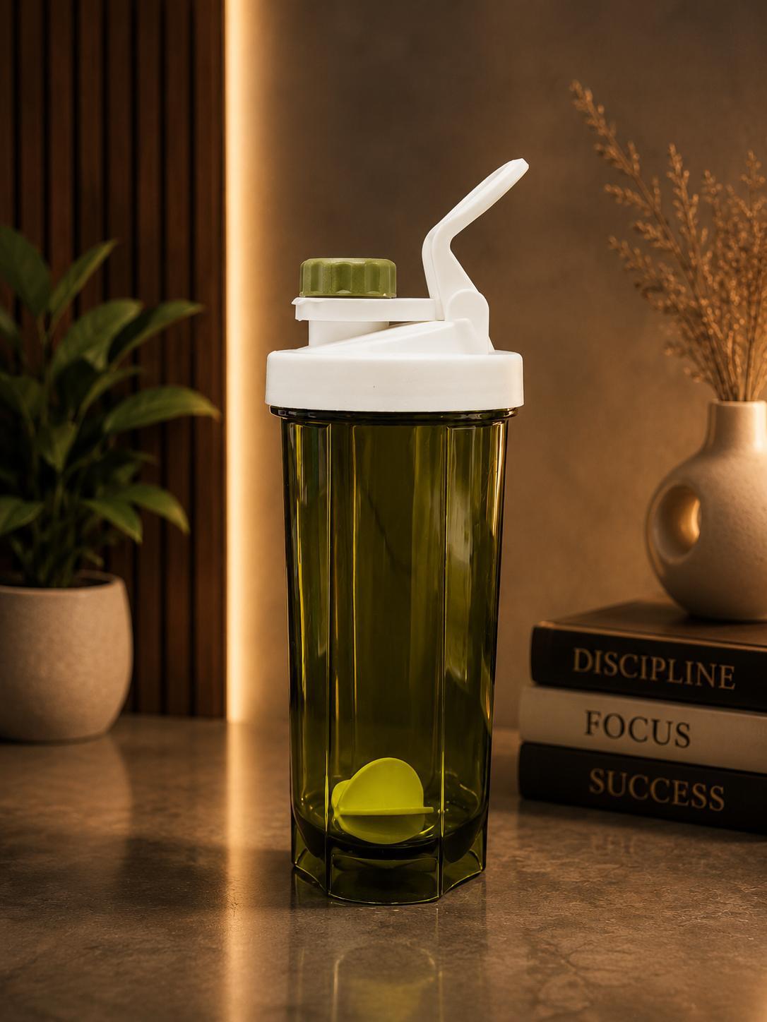 Transparent Olive Green Protein Shaker Bottle with Agitator Insert | Gym Water Bottle