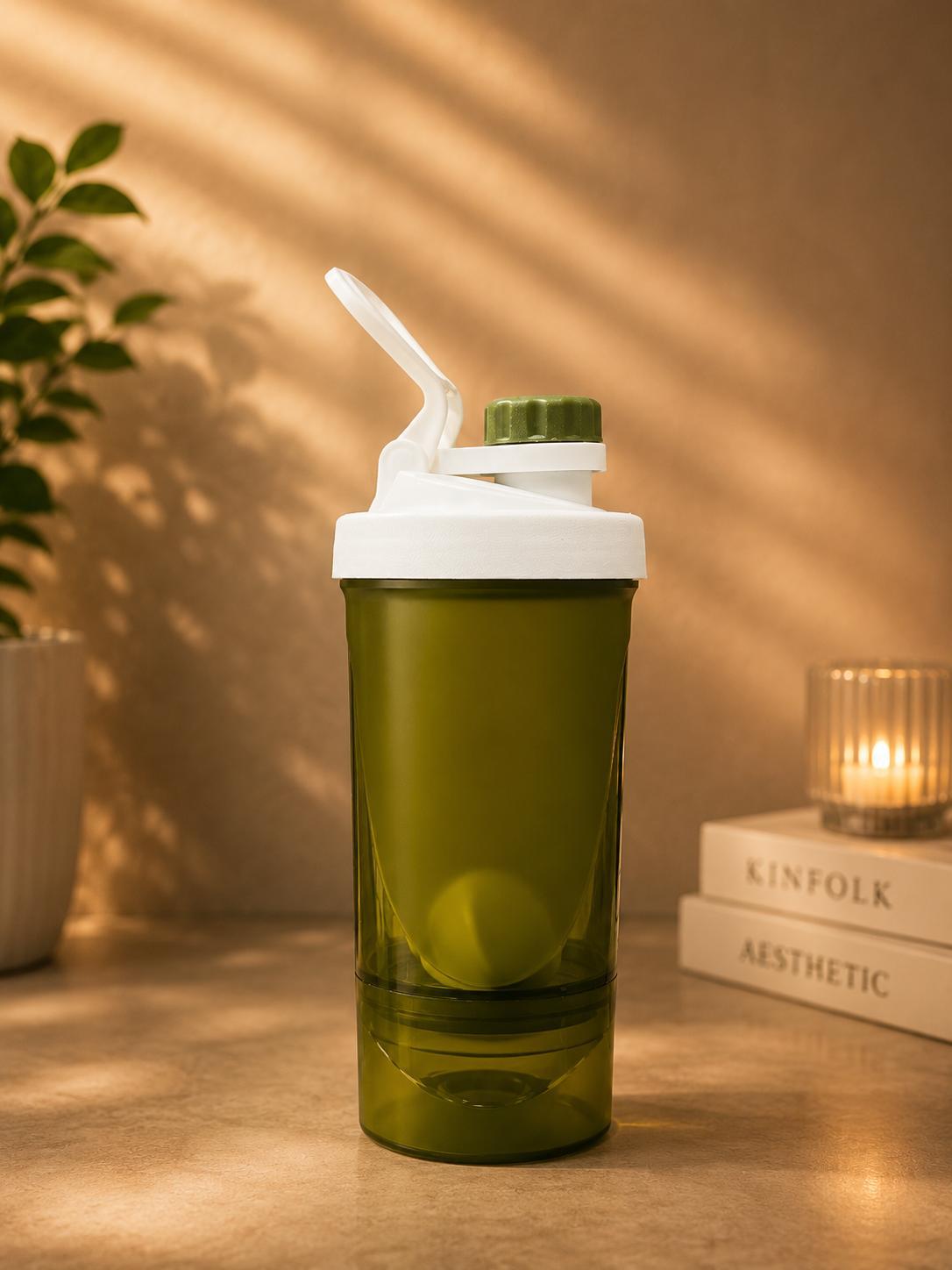 Transparent Olive Green Protein Shaker Bottle with Twist Cap | Gym Water Bottle