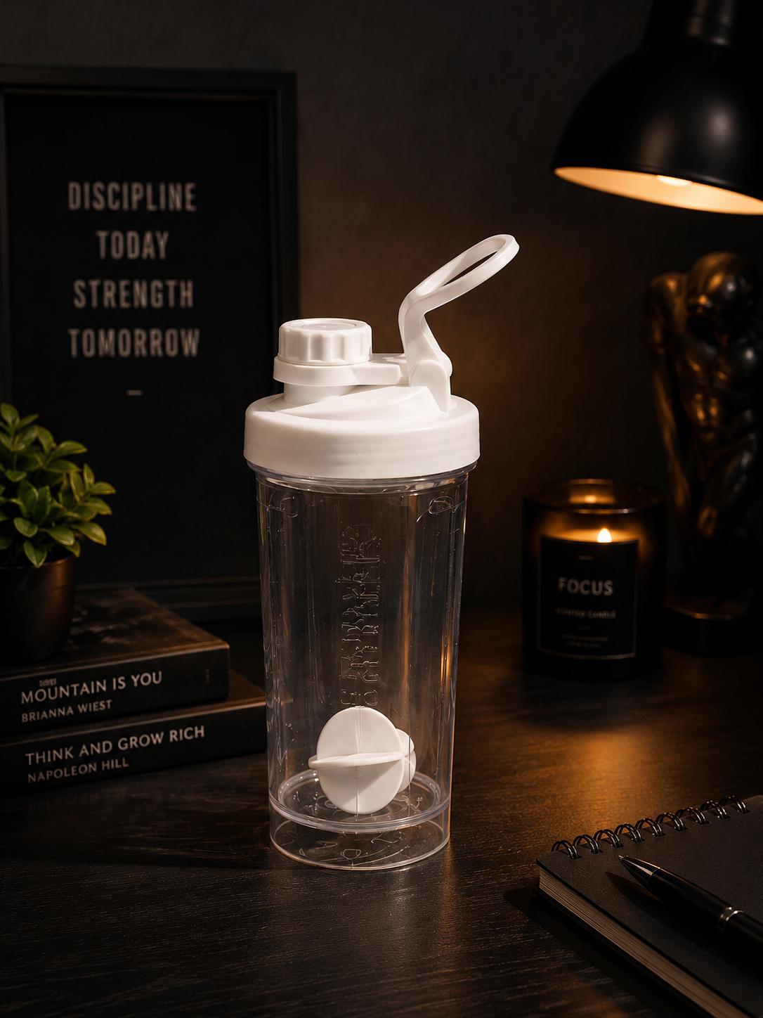 Clear Protein Shaker Bottle with White Lid & Agitator | Gym Water Bottle