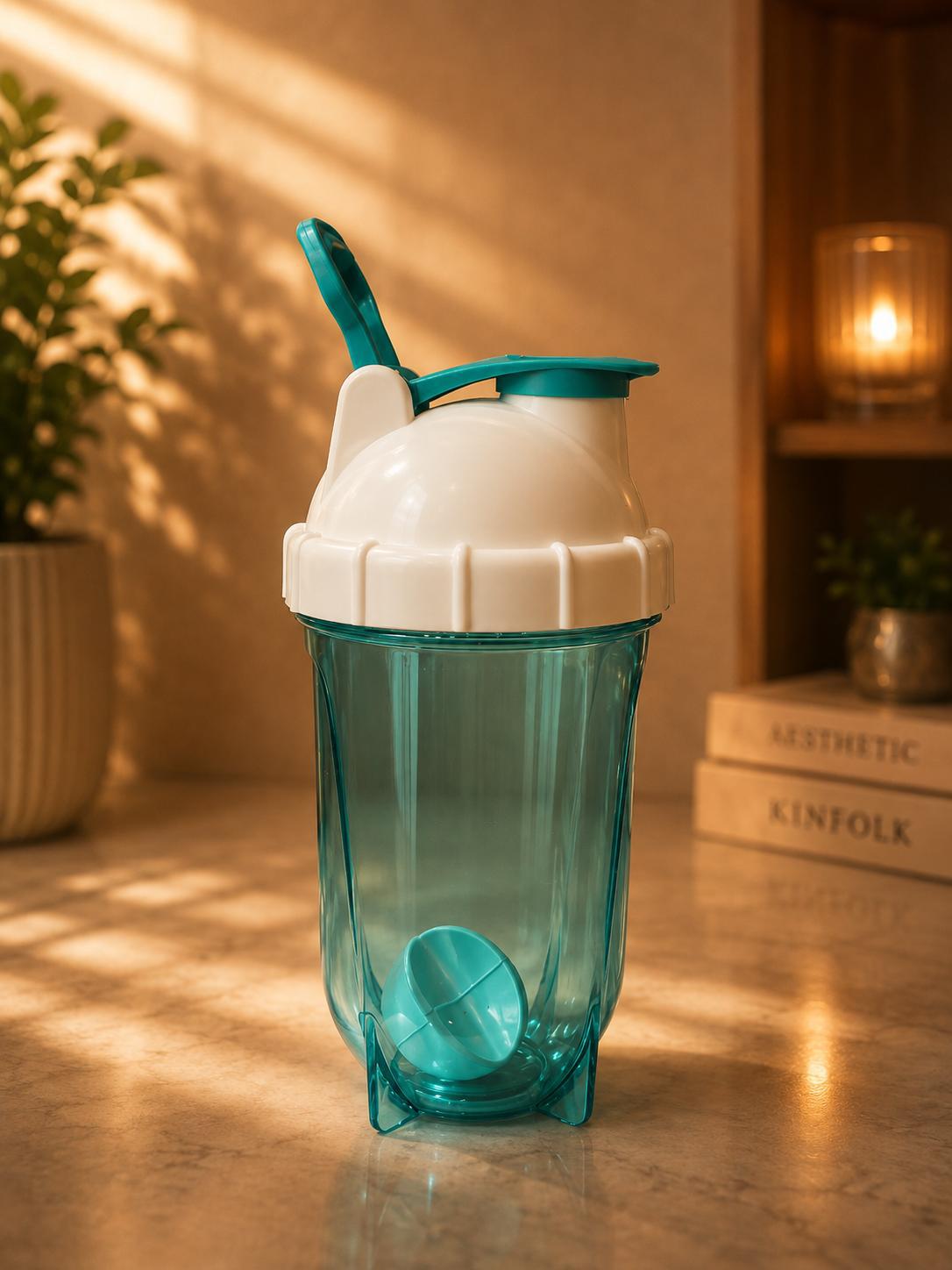 Transparent Teal Protein Shaker Bottle with Agitator Insert | Gym Water Bottle